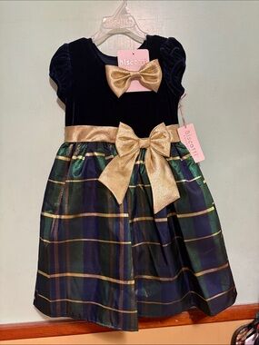 Biscotti Navy Velvet & Gold Bow Plaid Holiday Dress